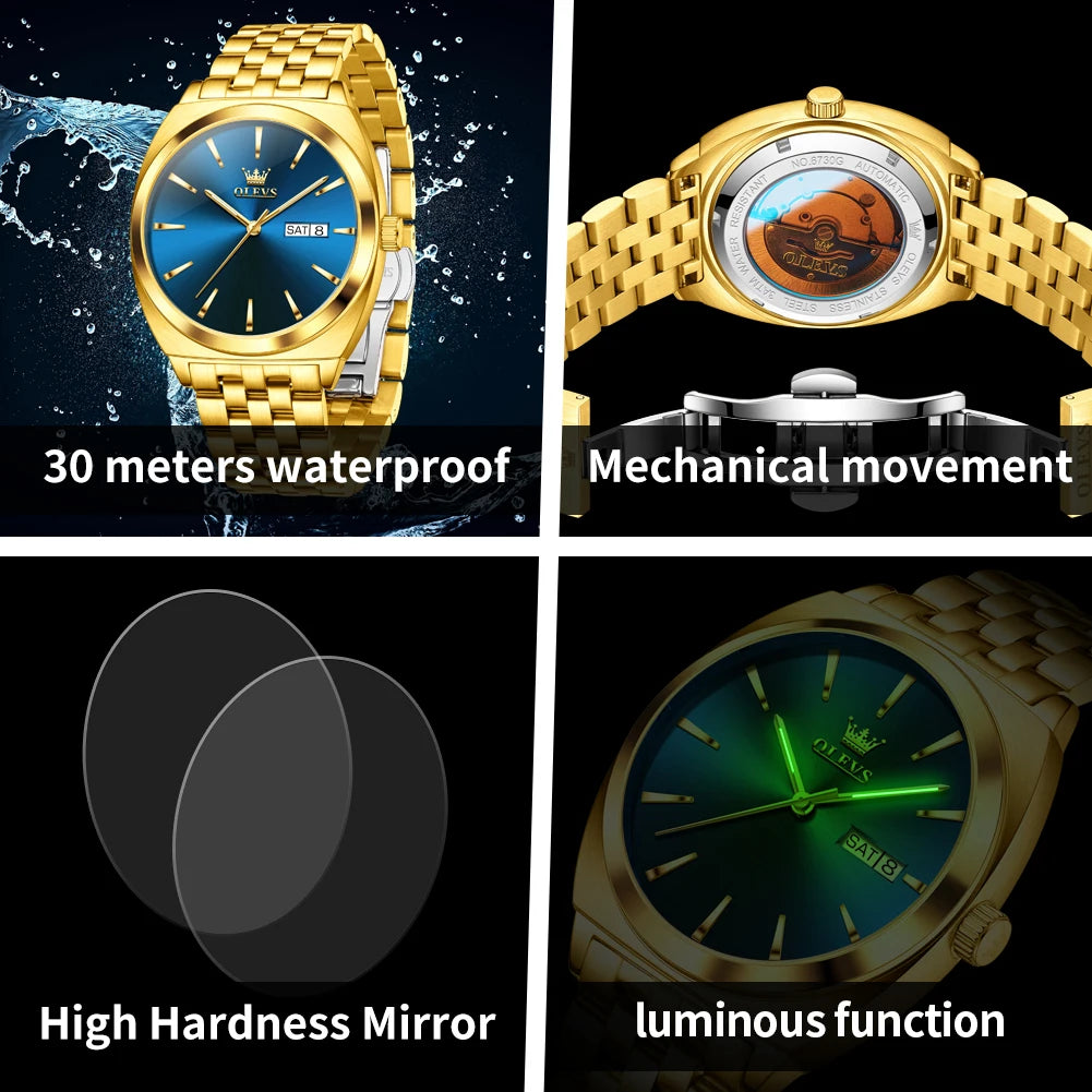 OLEVS 6730 Men's Watch Luxury Tonneau Automatic Mechanical Male Hand Clock Steel Strap Dual Calendar Waterproof Watch For Men