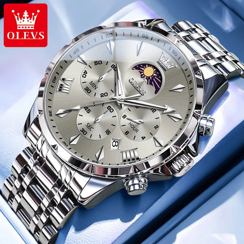 OLEVS 3653 Herrenuhr Original Chronograph Quarz Armbanduhr Stahlband Mondphase Datum Wasserdicht Top Marke Herrenuhr