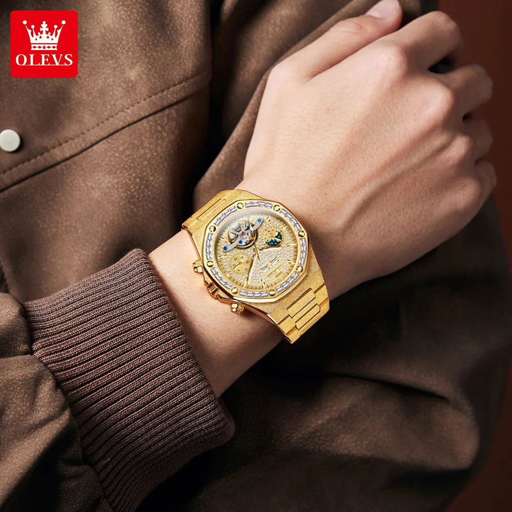 OLEVS 9805 Men Watch Luxury Classic Hollow Skeleton Diamond Waterproof Man Hand Clock Moon Phase Date Mechanical Watch For Men