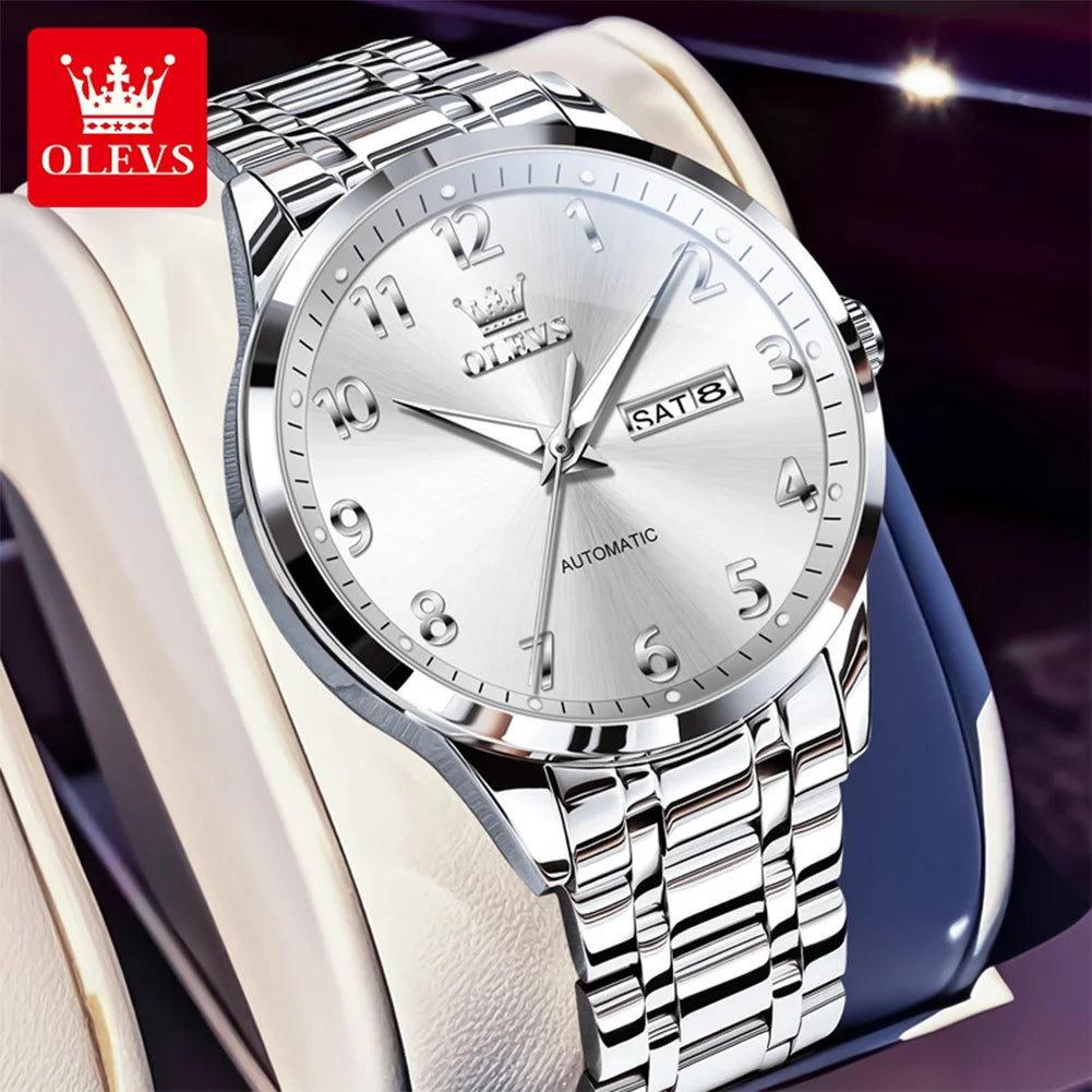 OLEVS 7078 Man Automatic Watch Top Brand Dual Calendar Mechanical Watch For Men Number Scale Business Hand Clock Steel Strap