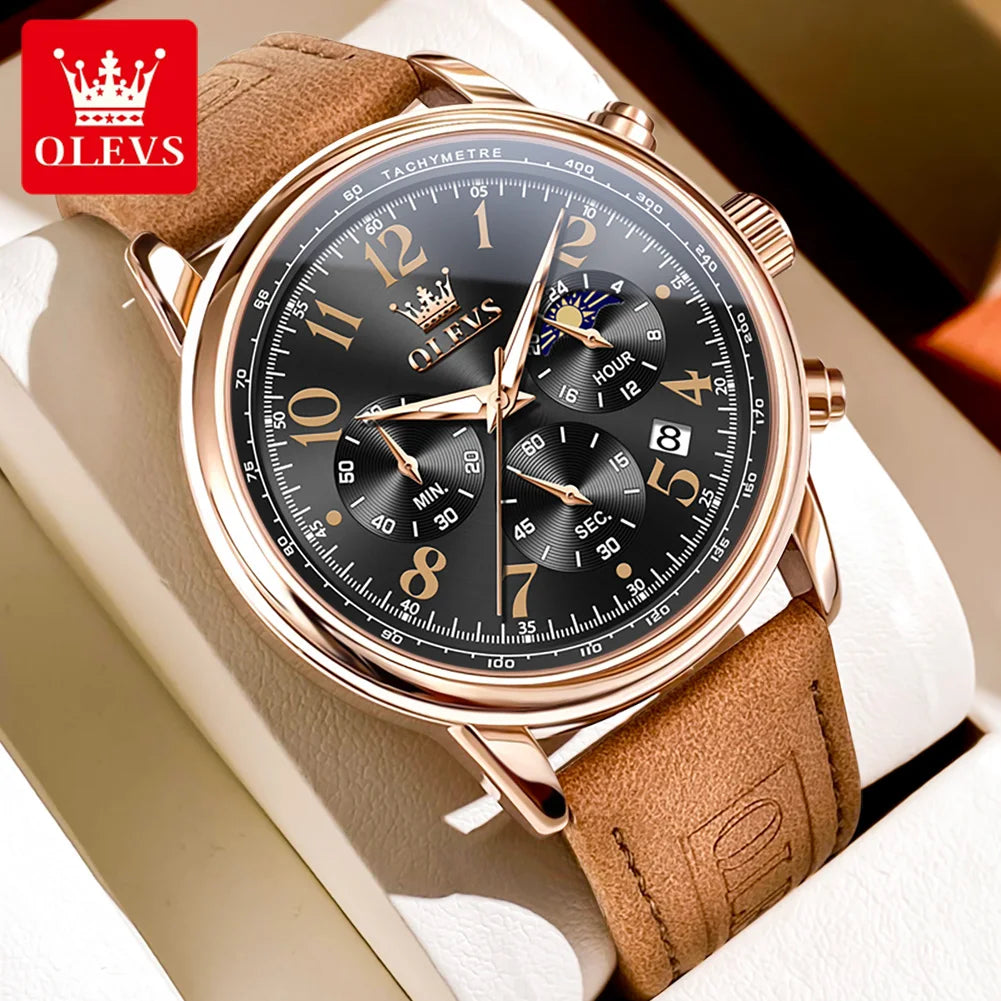 OLEVS 2912 Sport Chronograph Quarz-Uhr für Herren Mondphase Ziffer 43mm Großes Zifferblatt Herrenuhren Wasserdicht Original Armbanduhr