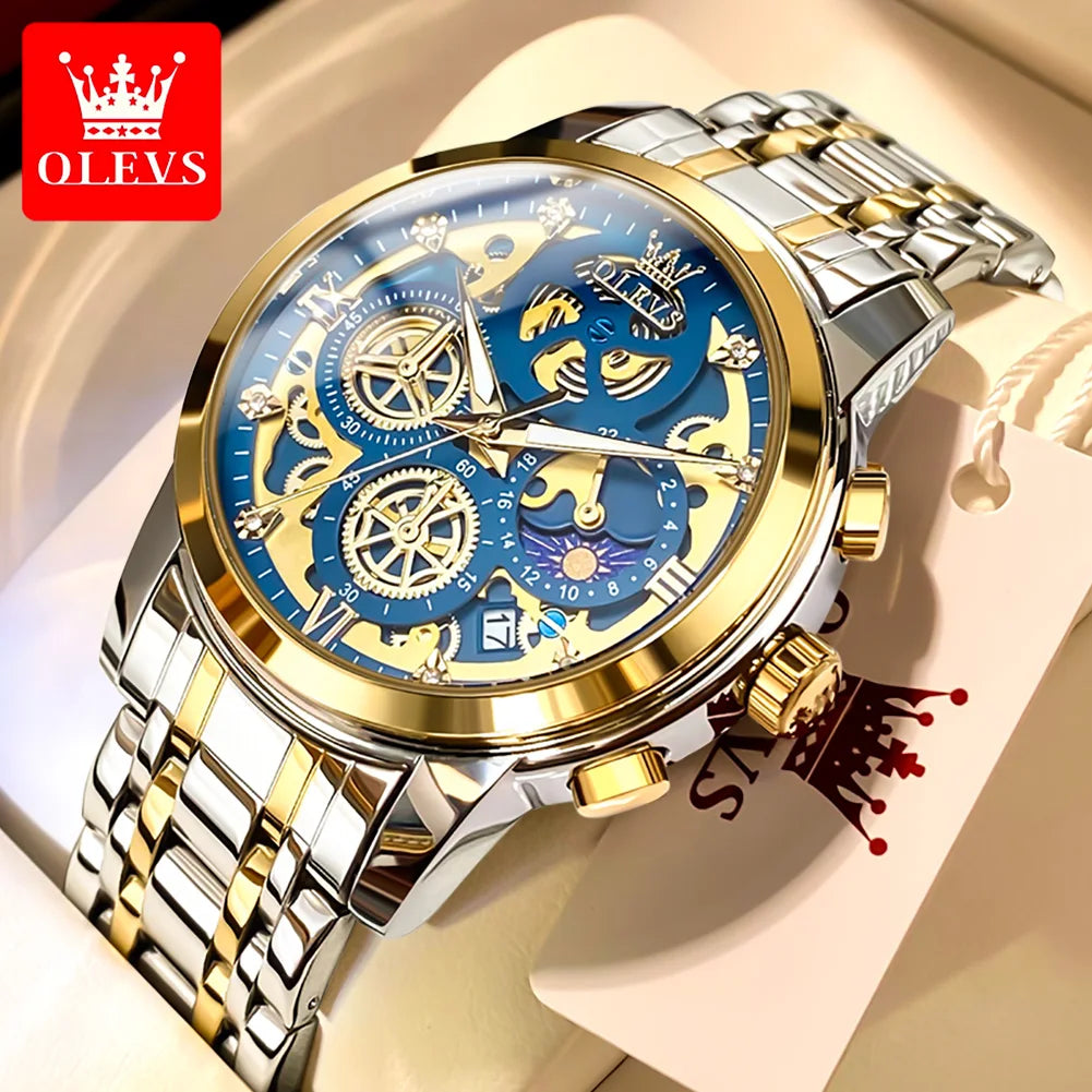 OLEVS 9947 Original Classic Skeleton Quartz Watches For Man Brand Waterproof Stainless Steel Calendar Man Hand Clock Male Watch