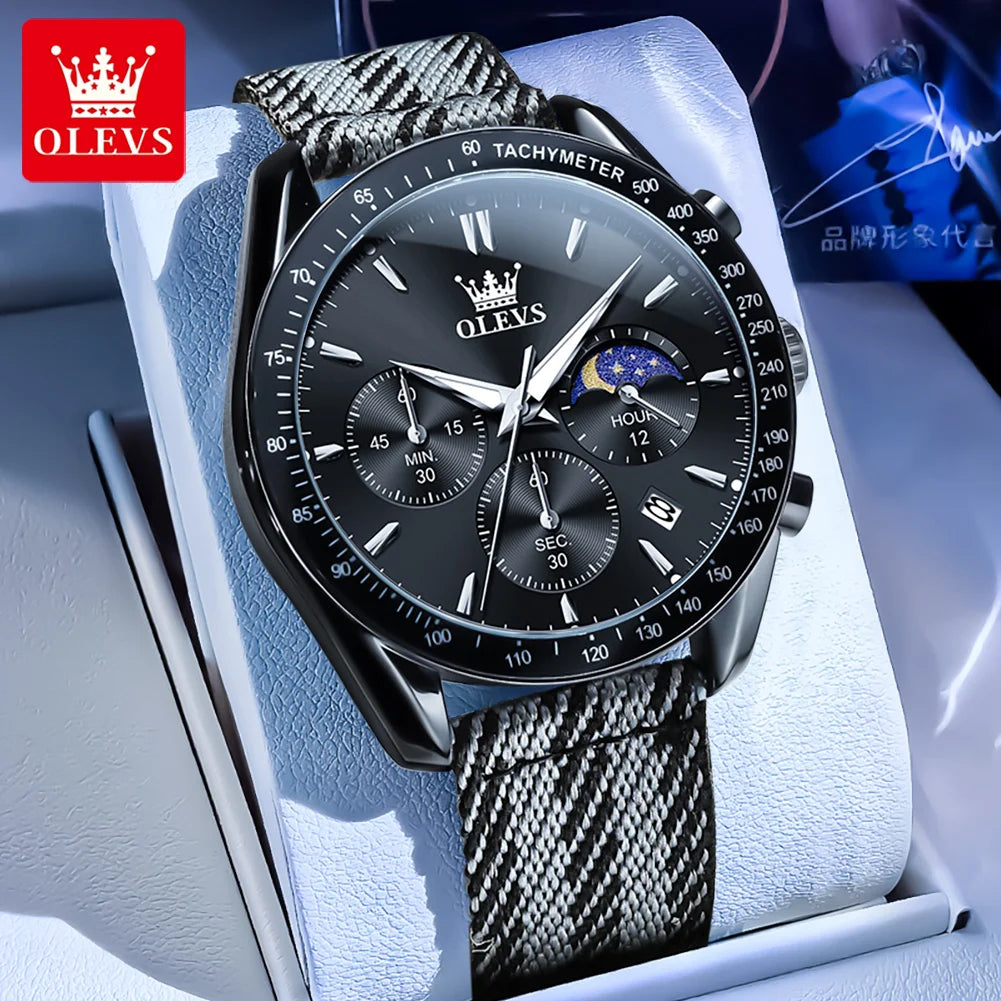 OLEVS 3630 Quarz Herrenuhr Datum Chronograph 24-Stunden-Mondphase Wasserdichte Uhr für Herren Mode Nylonarmband Original Armbanduhr