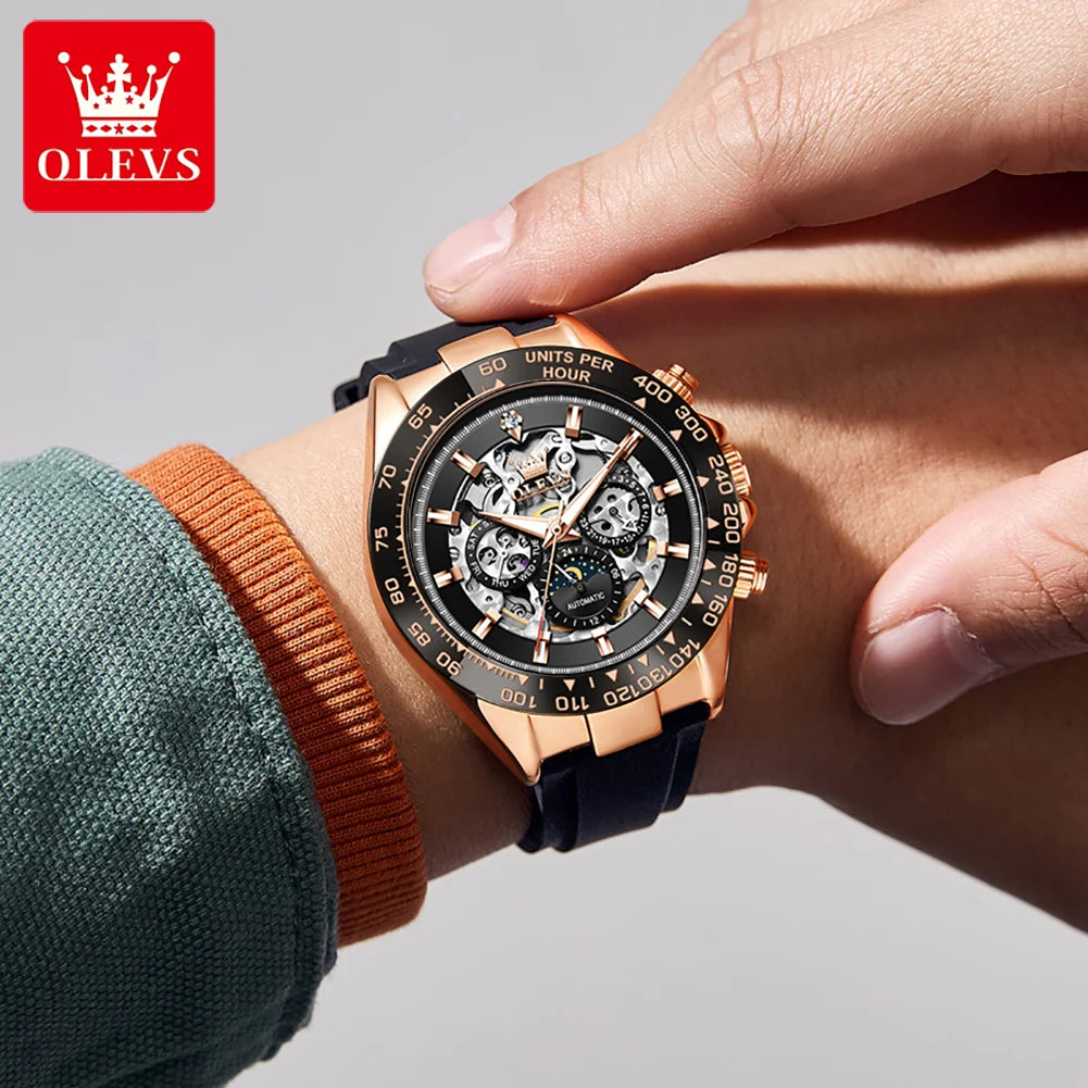 OLEVS 6713 Man Watch Hollow Moon Phase Mechanical Watch For Men Week Calendar Silicone Strap Automatic Hand Clock Waterproof