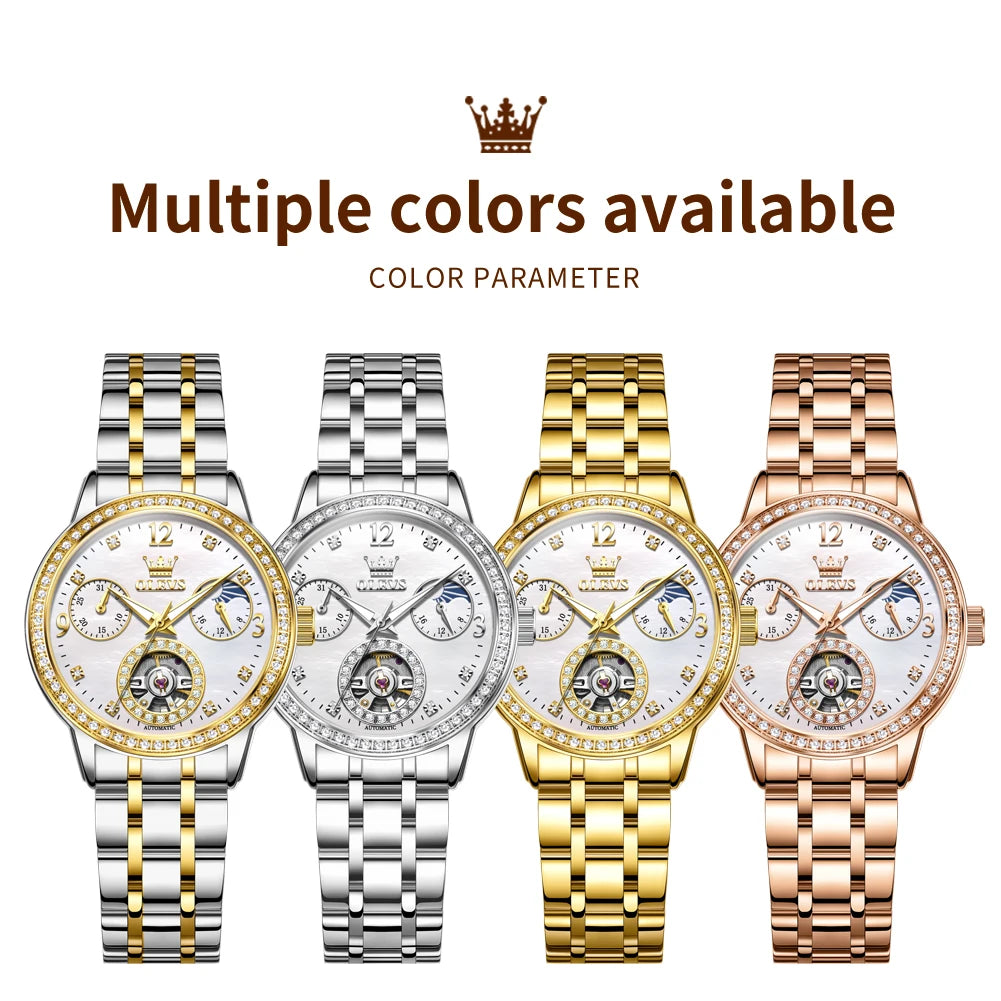 OLEVS 6750 Woman Automatic Watches Luxury Hollow Flywheel Mechanical Watches For Woman Waterproof Moon Phase Ladies Hand Clock