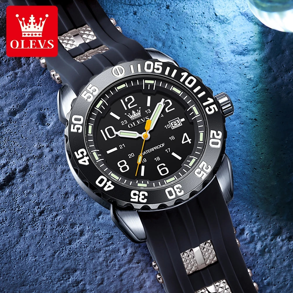 OLEVS 3688 Neue Herrenuhr Wasserdichte Quarzuhr für Herren Hochhärte-Spiegel Leuchtende Original Herren-Armbanduhr Silikonarmband