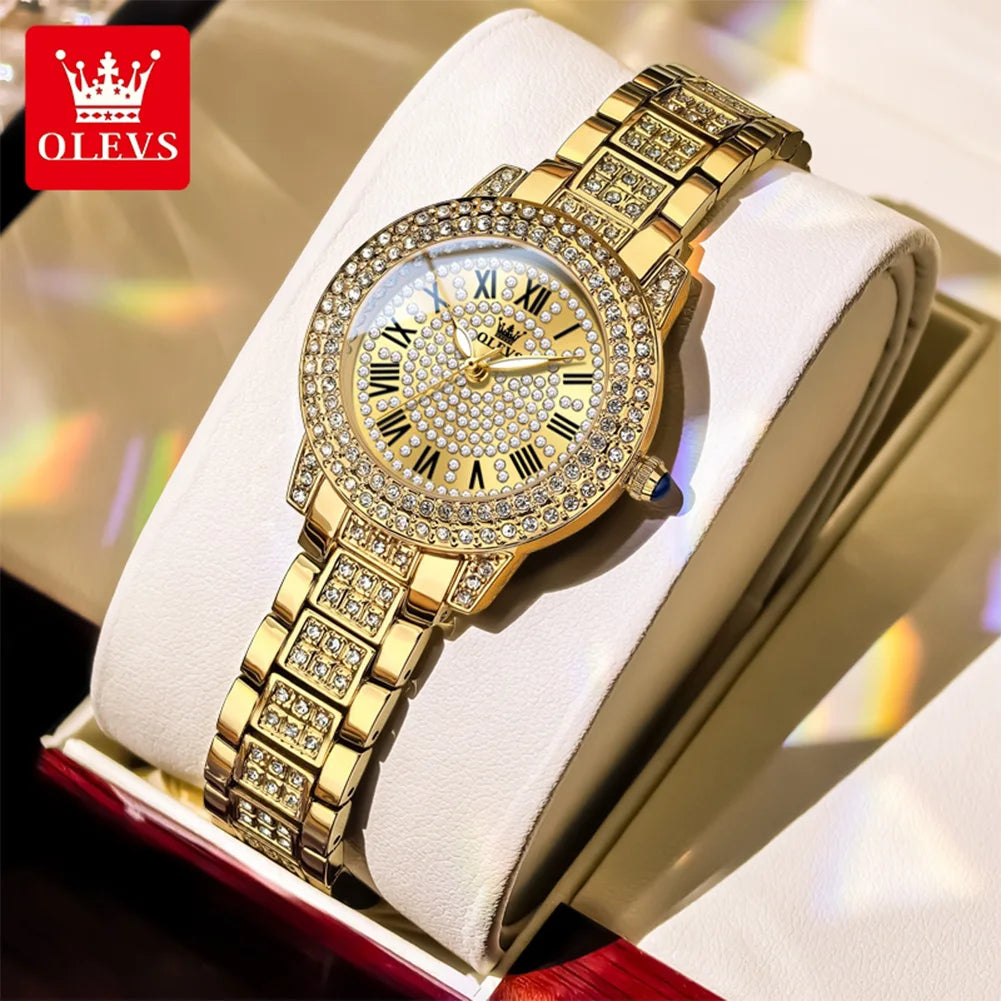 OLEVS Kadın Saatleri Lüks Orijinal Kuvars Bayan Kol Saati Su Geçirmez Rose Gold Çelik Kordon Romen Kadranlı Kadın Saati 9943