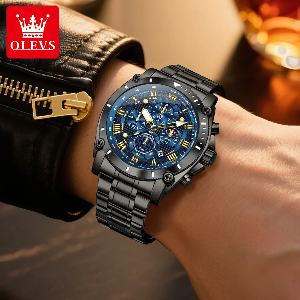 OLEVS 3689 Quarzuhr Herren Mode Original 47mm Großes Zifferblatt Römische Skala Mondphase Uhr Für Herren Kalender Wasserdicht Armbanduhr
