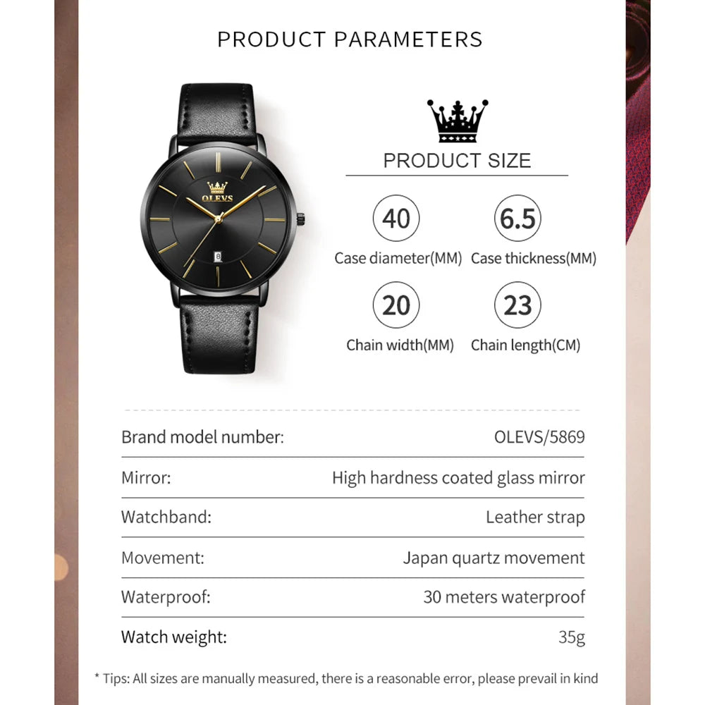 OLEVS 5869 Watch For Men Fashion Simple Japan Quartz Movement Man's Watches Case Thickness 6.5mm Top Brand Calendar Hand Clock