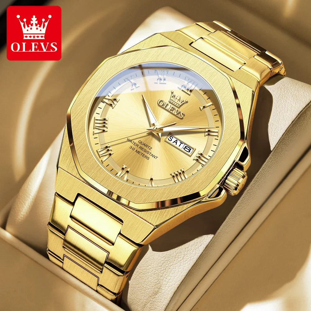 OLEVS 3727 Herrenuhren Wasserdicht Leuchtend Wochentag Datum Quarzuhr Edelstahl Luxusuhren für Männer Hochwertige Uhr