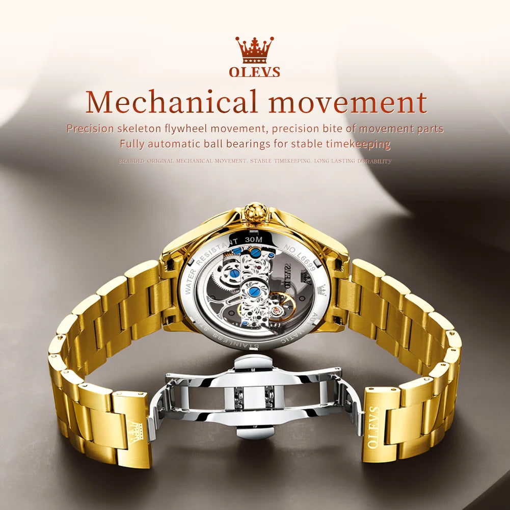 OLEVS 6699 Woman Automatic Watches Hollow Flywheel Mechanical Watch For Women Diamond Luxury Dial Waterproof Ladies Hand Clock
