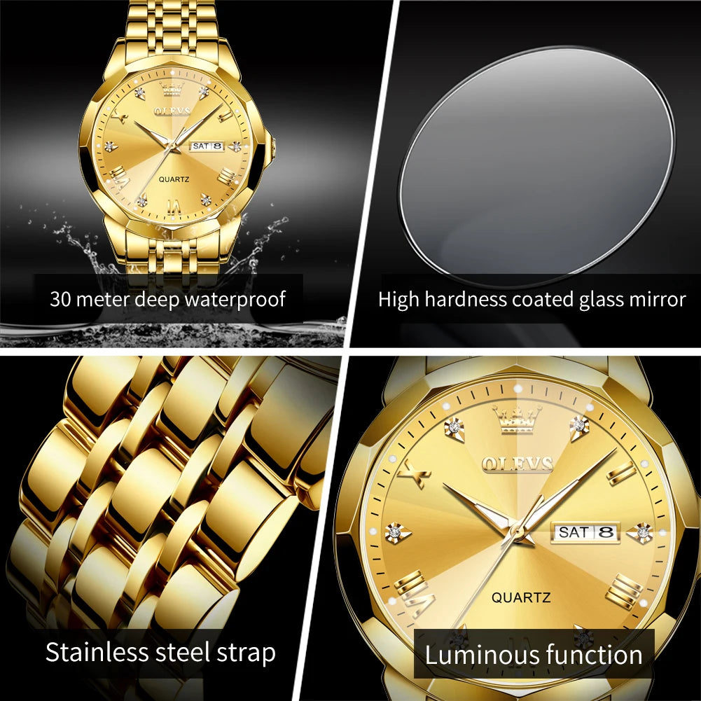 OLEVS 9931 Quartz Watch For Men Rhombus Mirror Waterproof Luminous Stainless Steel Wrist Watches Dual Calendar Man Hand Clock