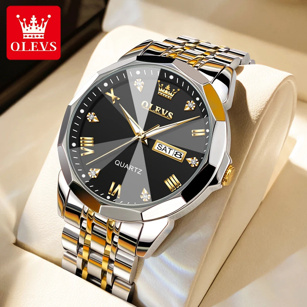 OLEVS 9931 Quartz Watch For Men Rhombus Mirror Waterproof Luminous Stainless Steel Wrist Watches Dual Calendar Man Hand Clock