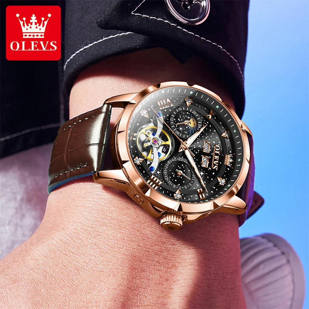 OLEVS 6690 Men's Watch Hollow Fashion Date Mechanical Watch For Men Moon Phase Deep Waterproof Luminous Original Man Hand Clock