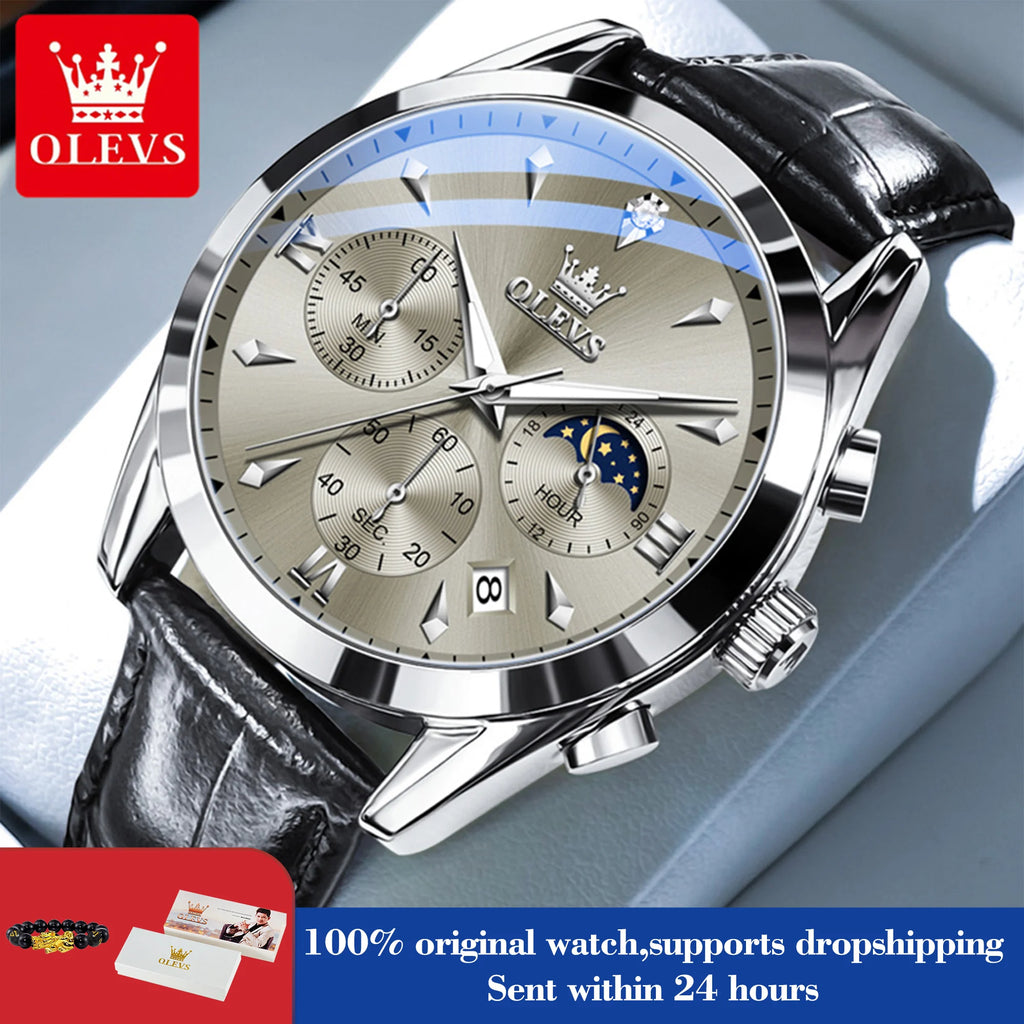 OLEVS 3609 Armbanduhr für Herren, modisch, Kalender, wasserdicht, leuchtend, für Herren, Chronograph, Mondphase, Quarz, Business-Herrenuhren