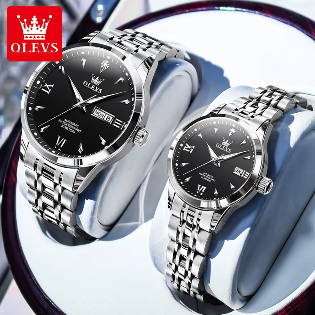 OLEVS 9956 Watches For Couple  Automatic Mechanical Watches Dual Calendar Original Stainless Steel Hand Clock Waterproof 9956