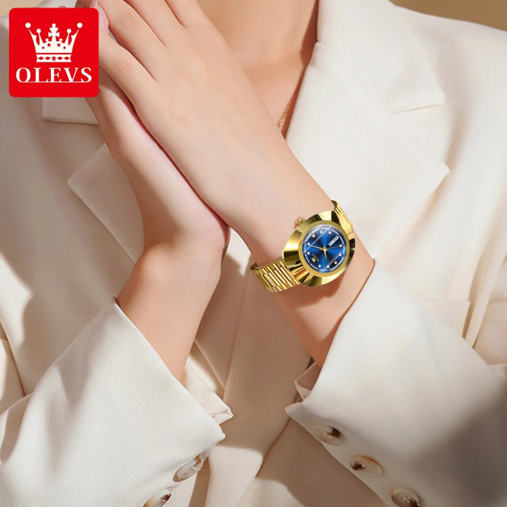 OLEVS 7017 Watch For Women Diamond Luxury Big Dial Dual Calendar Quartz Dress Wrist Watches Top Brand Waterproof Hand Clock