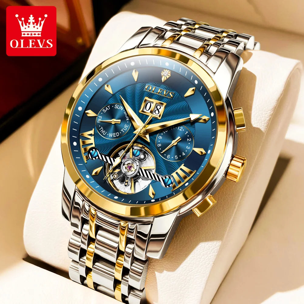 OLEVS 9965 Automatic Watch For Men Skeleton Flywheel Waterproof Men's Watches Week Calendar Luxury Man Mechanical Wristwatch