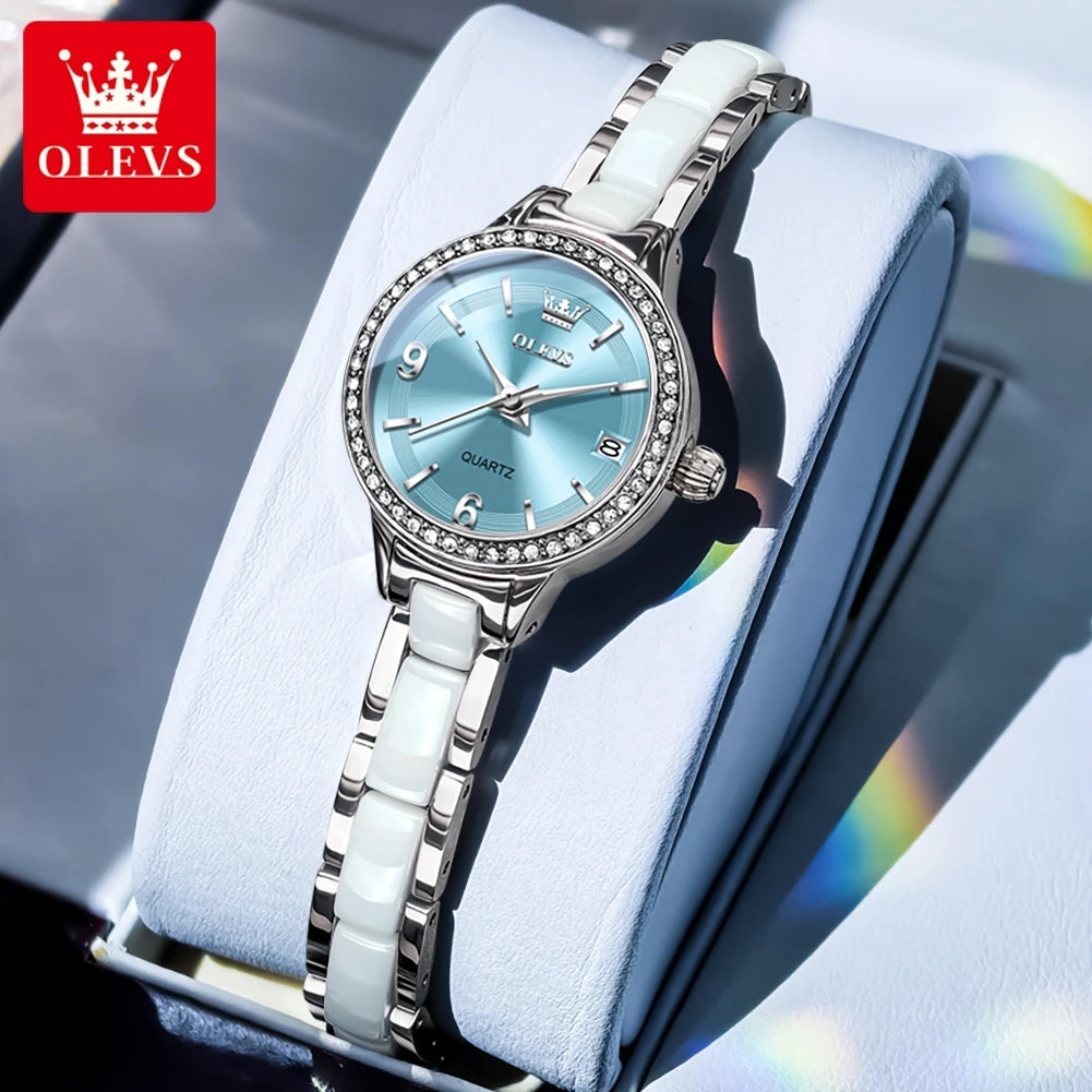 OLEVS 7093 Ladies Watch High Quality Elegant Original Quartz Wristwatch Waterproof Luminous Watches For Woman Ceramics Strap