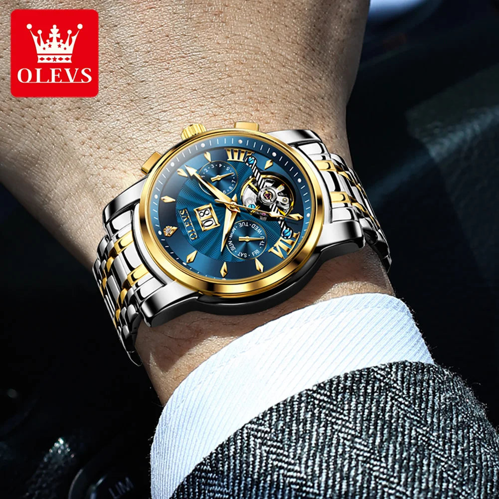 OLEVS 9965 Automatic Watch For Men Skeleton Flywheel Waterproof Men's Watches Week Calendar Luxury Man Mechanical Wristwatch