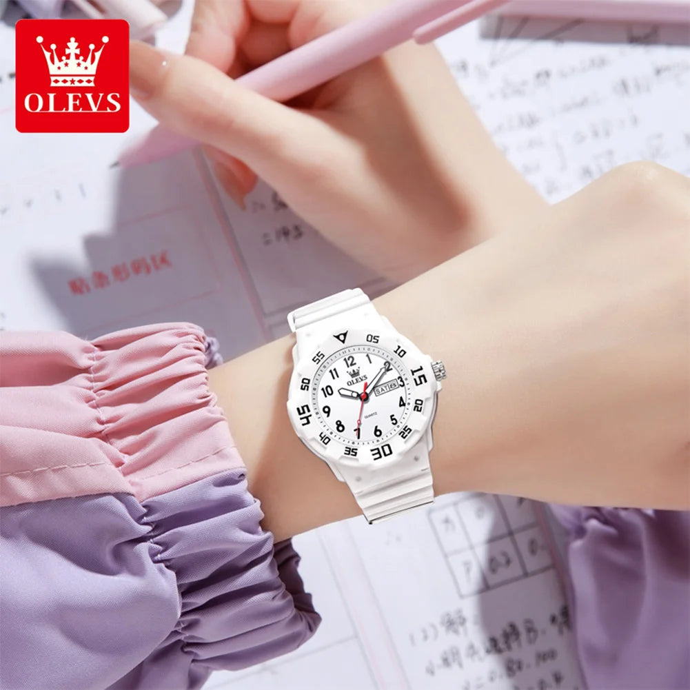 OLEVS 5659 Women's Watch Number Scale Silicone Strap Student Quartz Watch For Women Dual Calendar Fashion Waterproof Hand Clock
