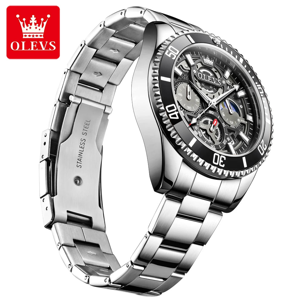 OLEVS 2990 Neue Taucheruhr Quarz Herrenuhr Chronograph Mondphase Wasserdicht Leuchtende Edelstahlarmband Sportuhren für Herren