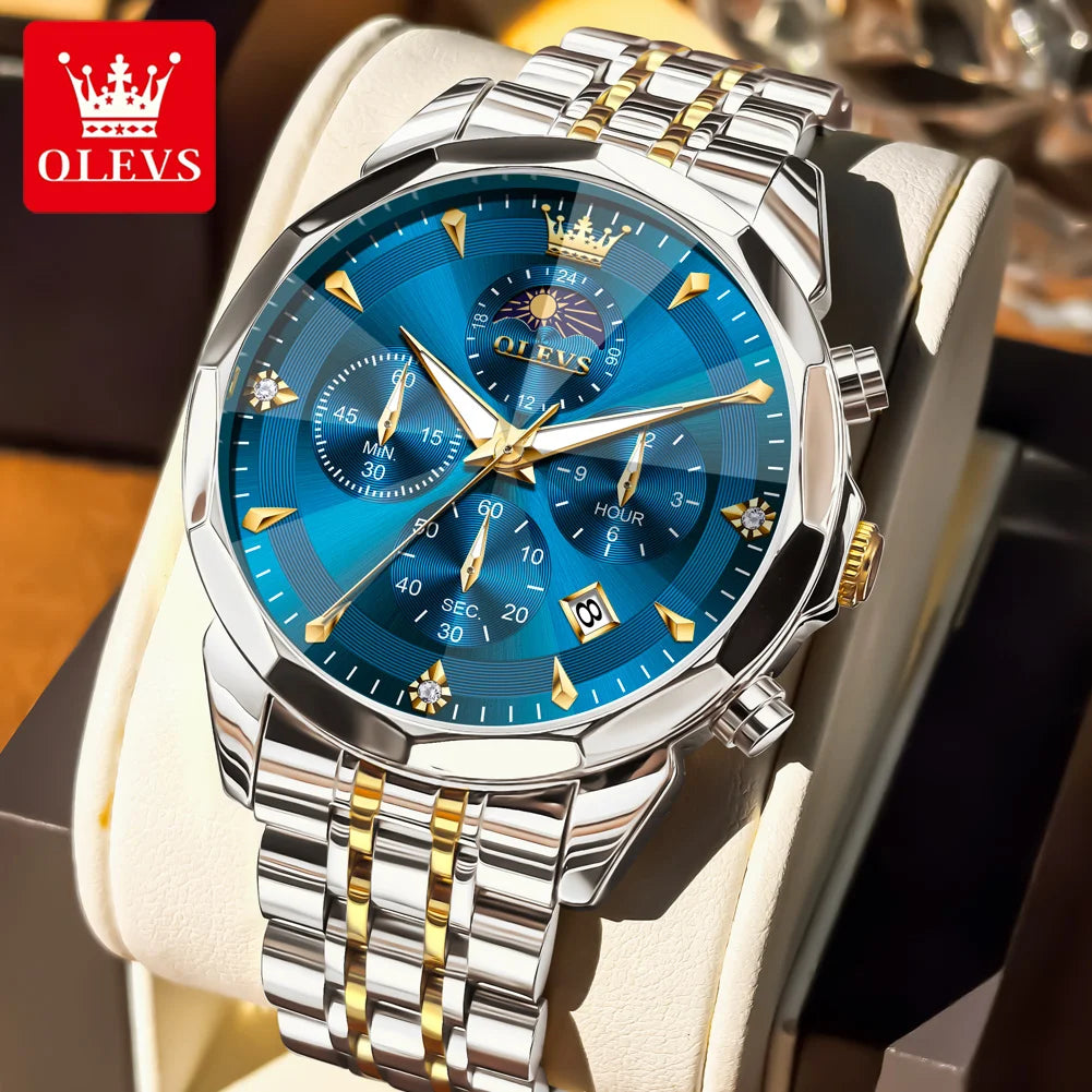 OLEVS 3673 Herrenuhr Mode Chronograph Quarzuhr für Herren 43mm großes Zifferblatt Mondphase Kalender Wasserdicht Original Armbanduhr