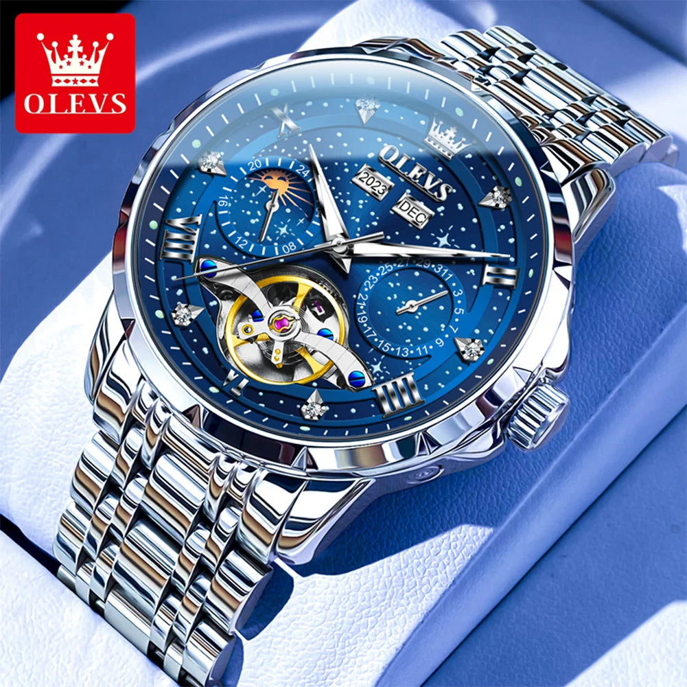 OLEVS 6690 Erkek Kol Saati İçi Boş Moda Tarih Mekanik Saat Erkekler İçin Ay Fazı Derin Su Geçirmez Işıklı Orijinal Erkek El Saati
