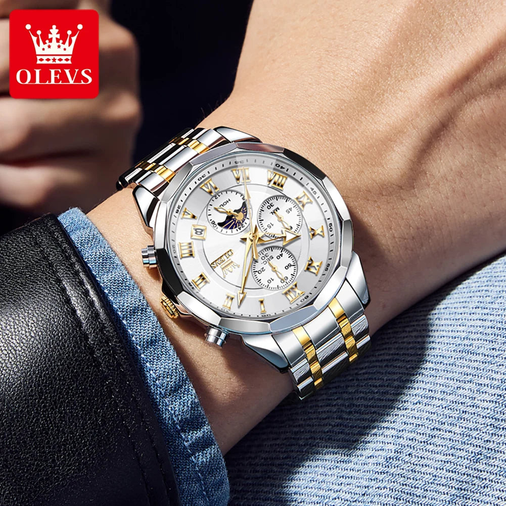 OLEVS 3675 Uhr für Herren, römische Ziffern, luxuriöses Rhombus-Spiegel-Chronograph, Herren-Armbanduhr, Mondphase, Datum, wasserdichte Quarzuhr