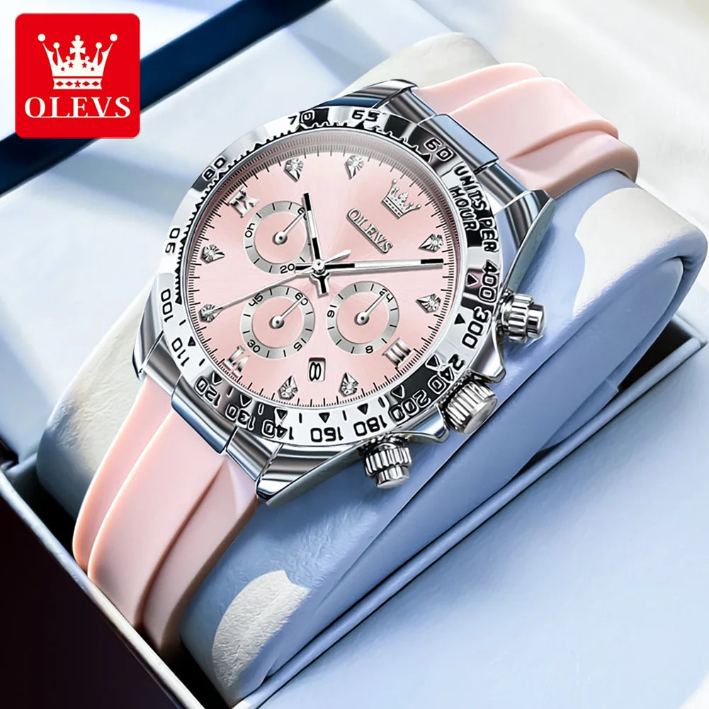 OLEVS 5618 Damenarmbanduhren Mode Kalender Quarzuhr für Damen Luxus Chronograph Wasserdichtes Silikonarmband Damenuhr