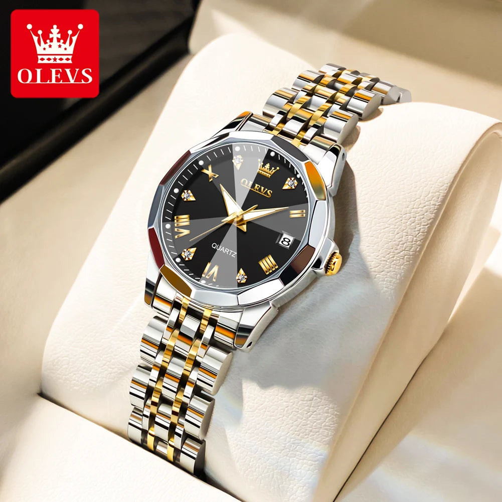 OLEVS 9931 Original Quartz Watches For Woman Rhombus Mirror Waterproof Luminous Stainless Steel Wrist Watches Calendar New