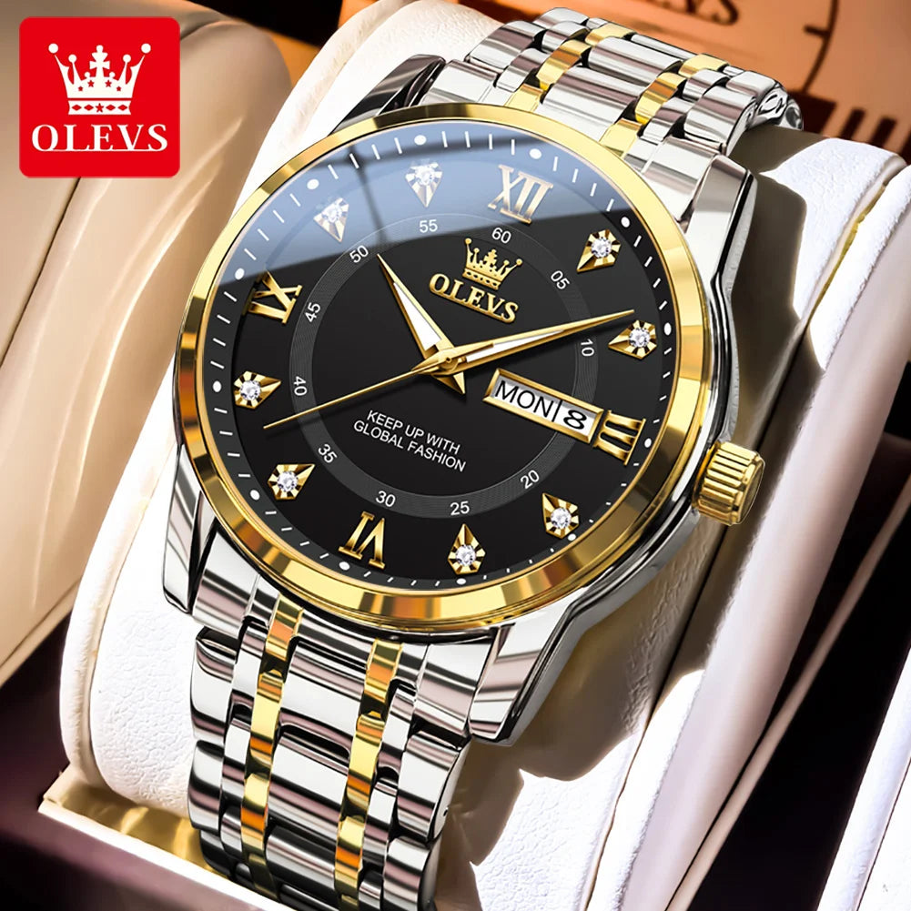 OLEVS 5513 Armbanduhr Herren Dual-Kalender Mode Quarzuhr Für Männer Diamant-Skala Edelstahl Luxus Herren Armbanduhr Wasserdicht