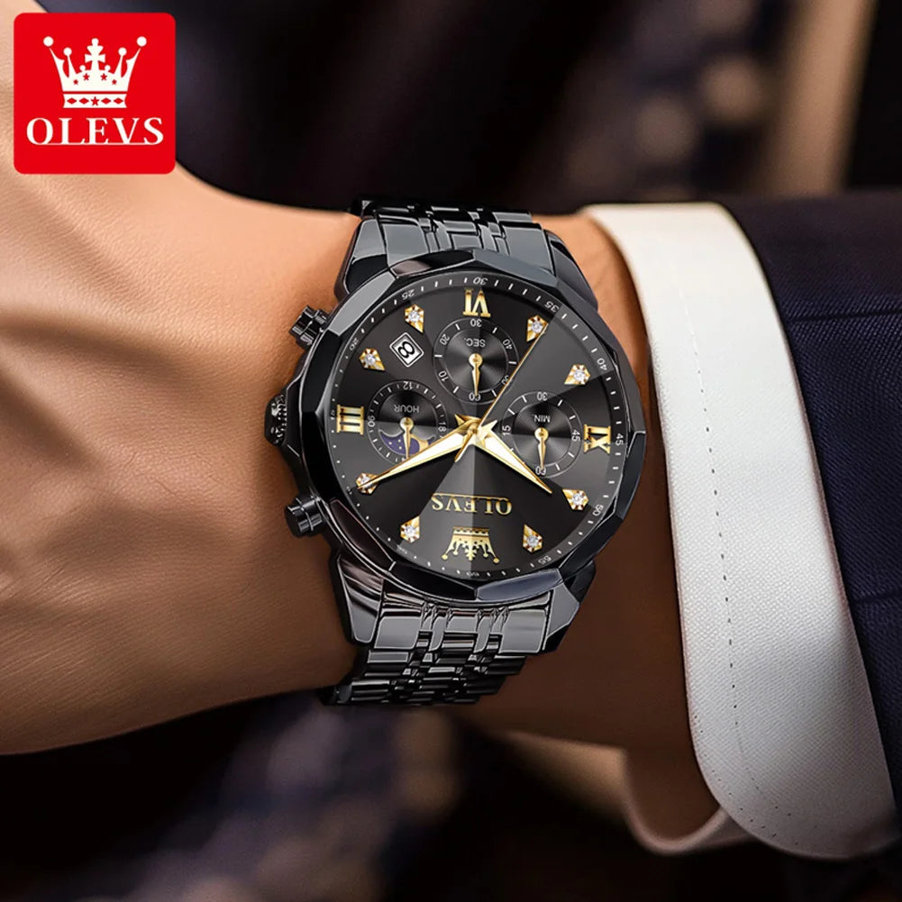 OLEVS 3670 Herrenuhr Mode Datum Mondphase Leuchtende Quarzuhr für Herren Luxus Chronograph Wasserdicht Business-Armbanduhr