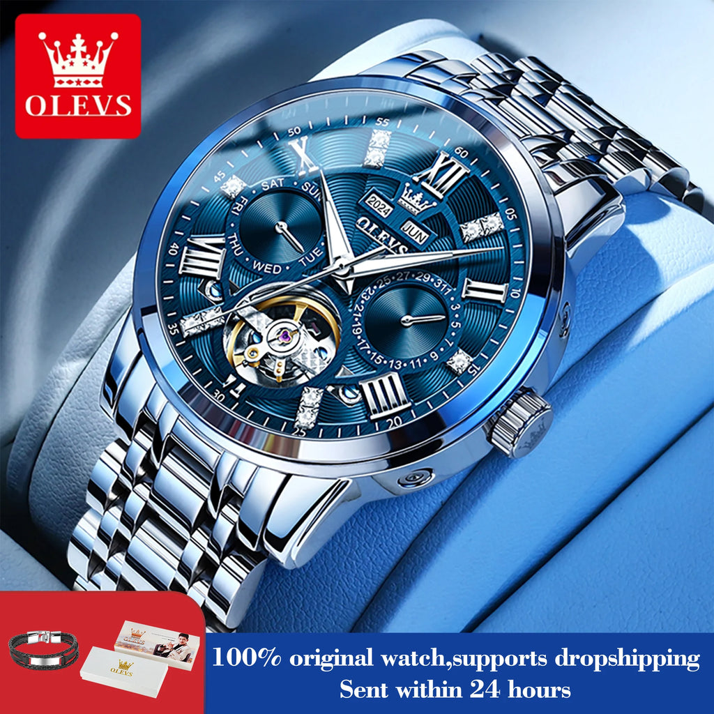 OLEVS 6701 Man Watches Top Brand Original Auto Date Mechanical Watch For Men Hollow Waterproof Stainless Steel Male Hand Clock