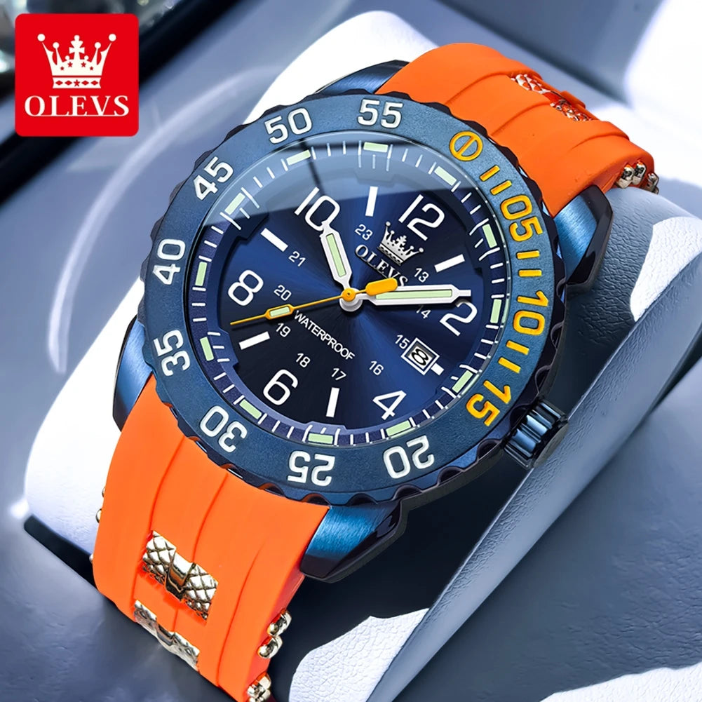 OLEVS 3688 Neue Herrenuhr Wasserdichte Quarzuhr für Herren Hochhärte-Spiegel Leuchtende Original Herren-Armbanduhr Silikonarmband