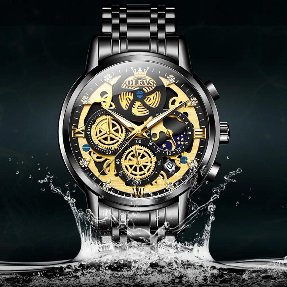 OLEVS 9947 Original Classic Skeleton Quartz Watches For Man Brand Waterproof Stainless Steel Calendar Man Hand Clock Male Watch