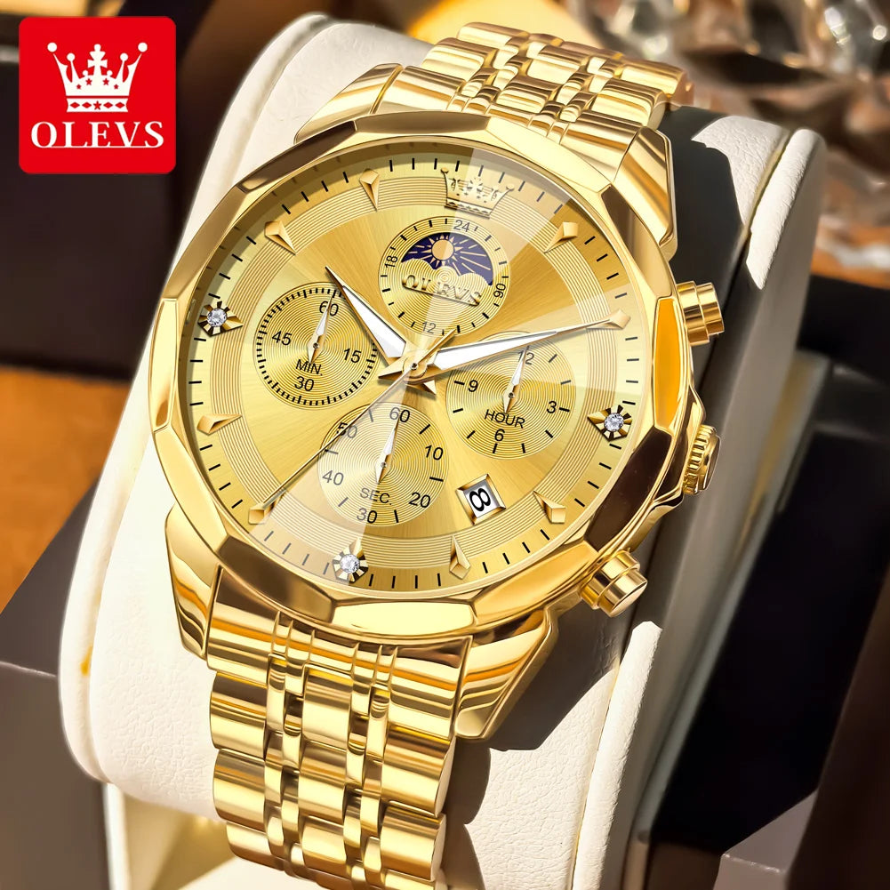 OLEVS 3673 Herrenuhr Mode Chronograph Quarzuhr für Herren 43mm großes Zifferblatt Mondphase Kalender Wasserdicht Original Armbanduhr