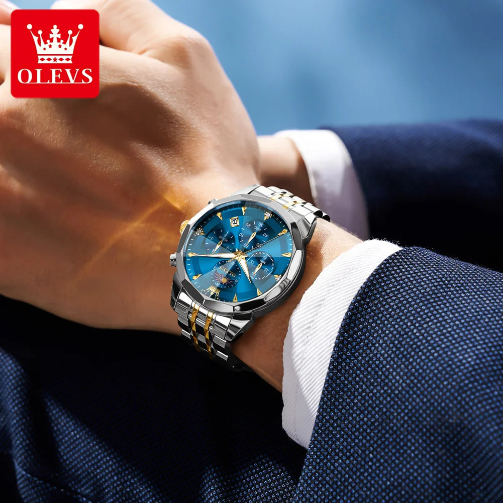 OLEVS 3673 Herrenuhr Mode Chronograph Quarzuhr für Herren 43mm großes Zifferblatt Mondphase Kalender Wasserdicht Original Armbanduhr