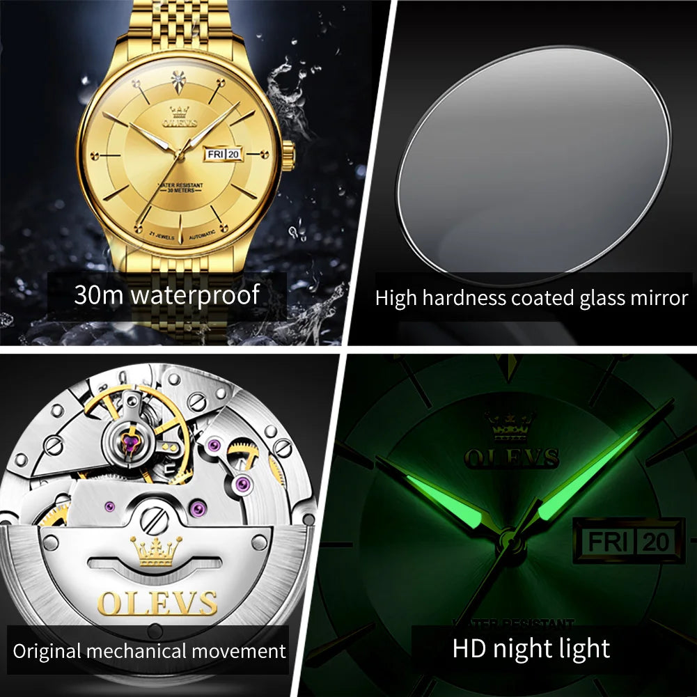 OLEVS 9927 Automatic Watch For Men Luxury Dual Calendar Original Mechanical Dress Hand Clock Waterproof Luminous Man Watches