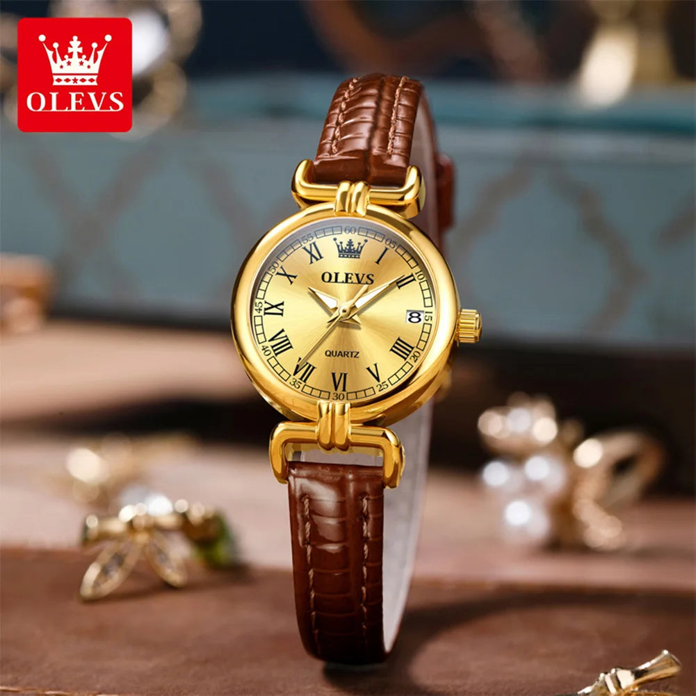 OLEVS 5645 Women's Watch Leather Strap Date Quartz Watch For Women High Hardness Mirror Roman Scale Fashion Ladies Hand Clock