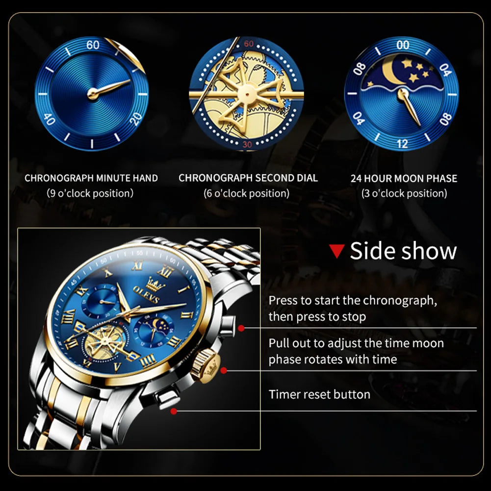 OLEVS 2859 Herrenuhr Mondphase Quarzuhr für Herren Wasserdicht Leuchtend Edelstahl Luxusmarke Original Armbanduhr Herren