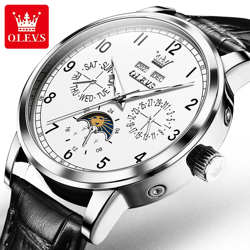 OLEVS 6698 Men Automatic Watch Number Scale Moon Phase Mechanical Watch For Men 42mm Big Dial Waterproof Leather Male Hand Clock