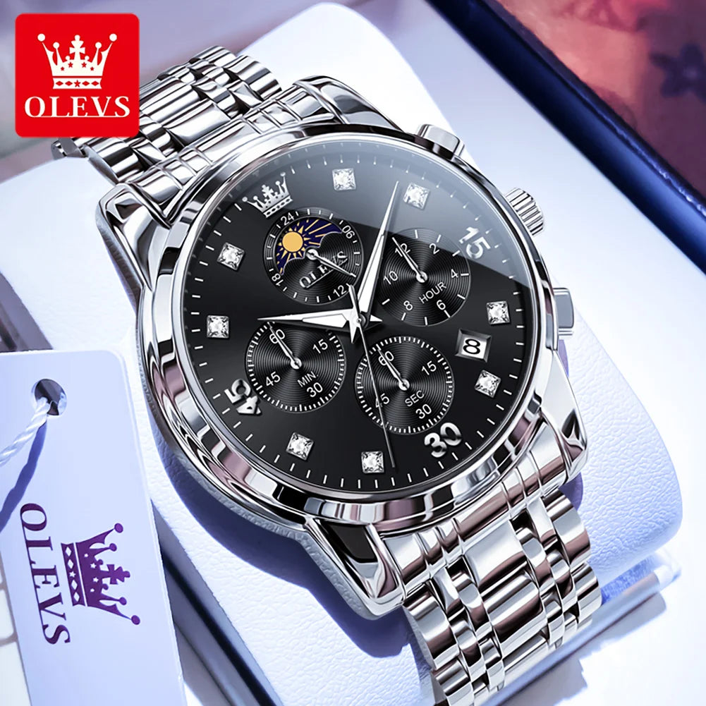 OLEVS 3652 Herrenuhr Ziffernskala Quarzuhr für Herren Chronograph Mondphase Datum Luxus Wasserdicht Leuchtende Herrenarmbanduhr