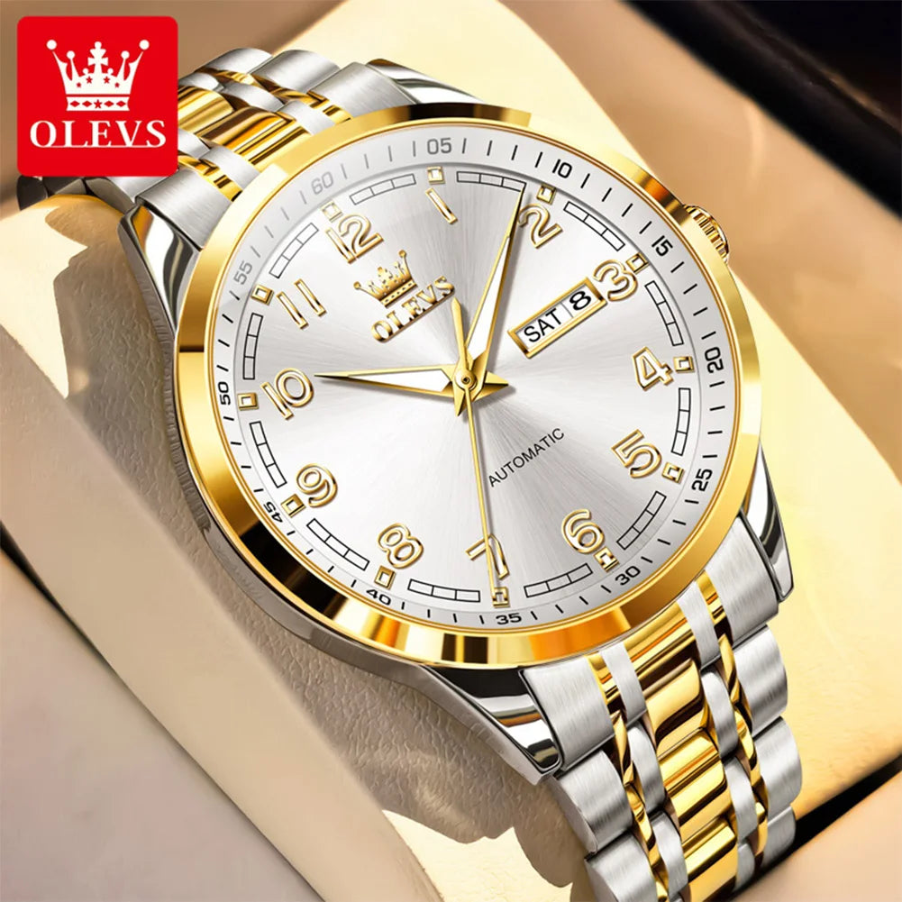 OLEVS 7077 Man Automatic Watch Fashion Date Mechanical Male Hand Clock Number Scale Luxury Waterproof Luminous Watch For Men