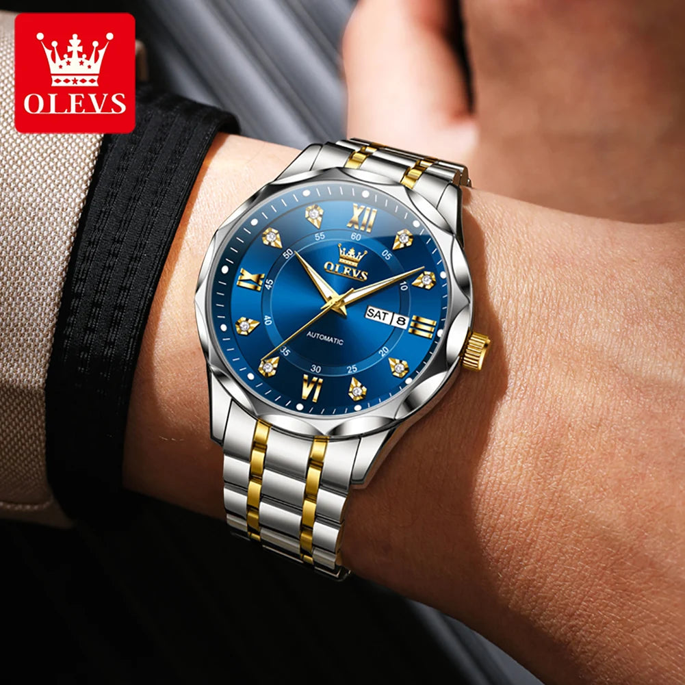 OLEVS 6727 Men Automatic Watch Luxury Dual Calendar Mechanical Watch For Men Zircon Scale Steel Strap Waterproof Man Hand Clock