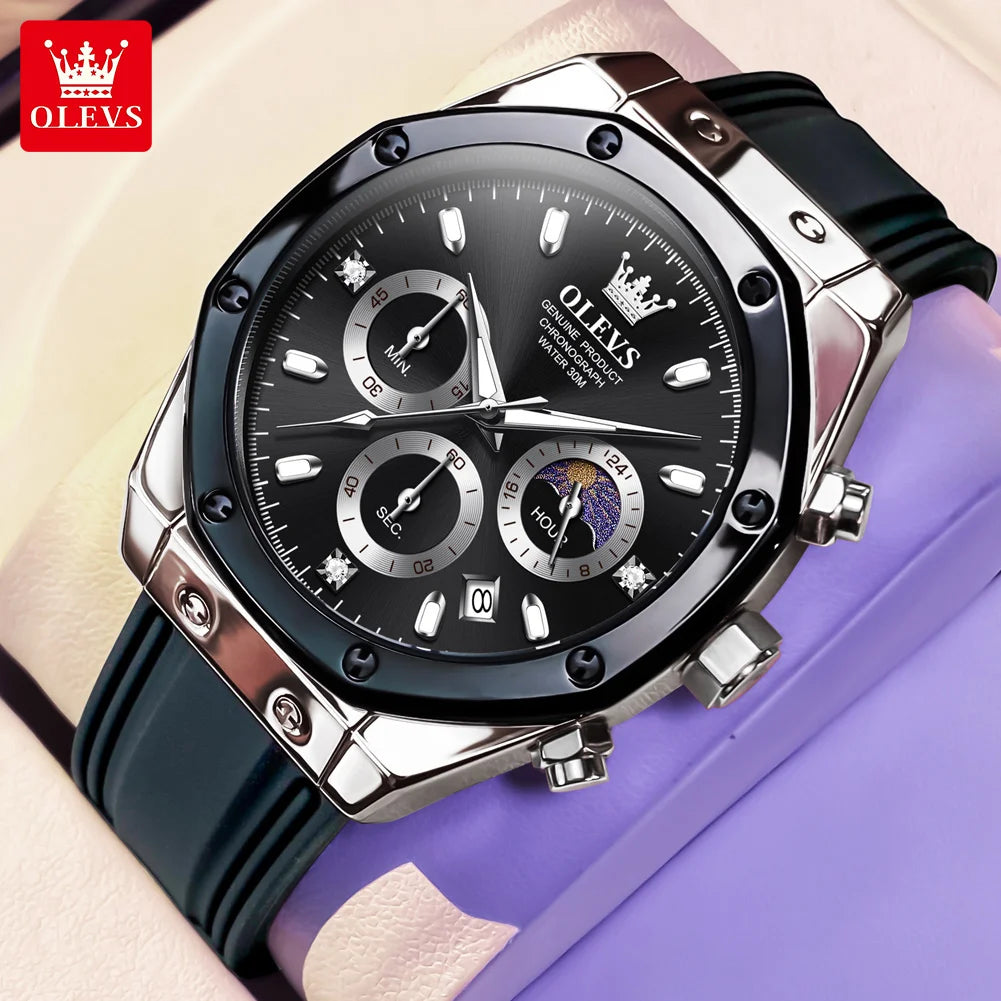 OLEVS 9911 Man Quartz Watch Big Dial Chronograph Watch For Men Moonswatch Date Fashion Waterproof Male Hand Clock Silicone Strap