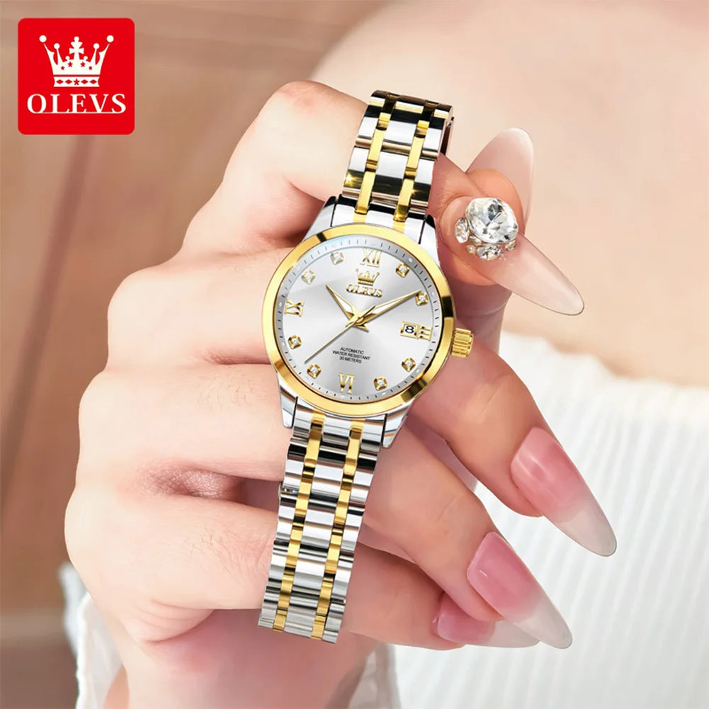 OLEVS 9946 Automatic Woman Watch Fashion Diamond Scale Original Mechanical Watch For Women Calendar Luxury Dress Hand Clock