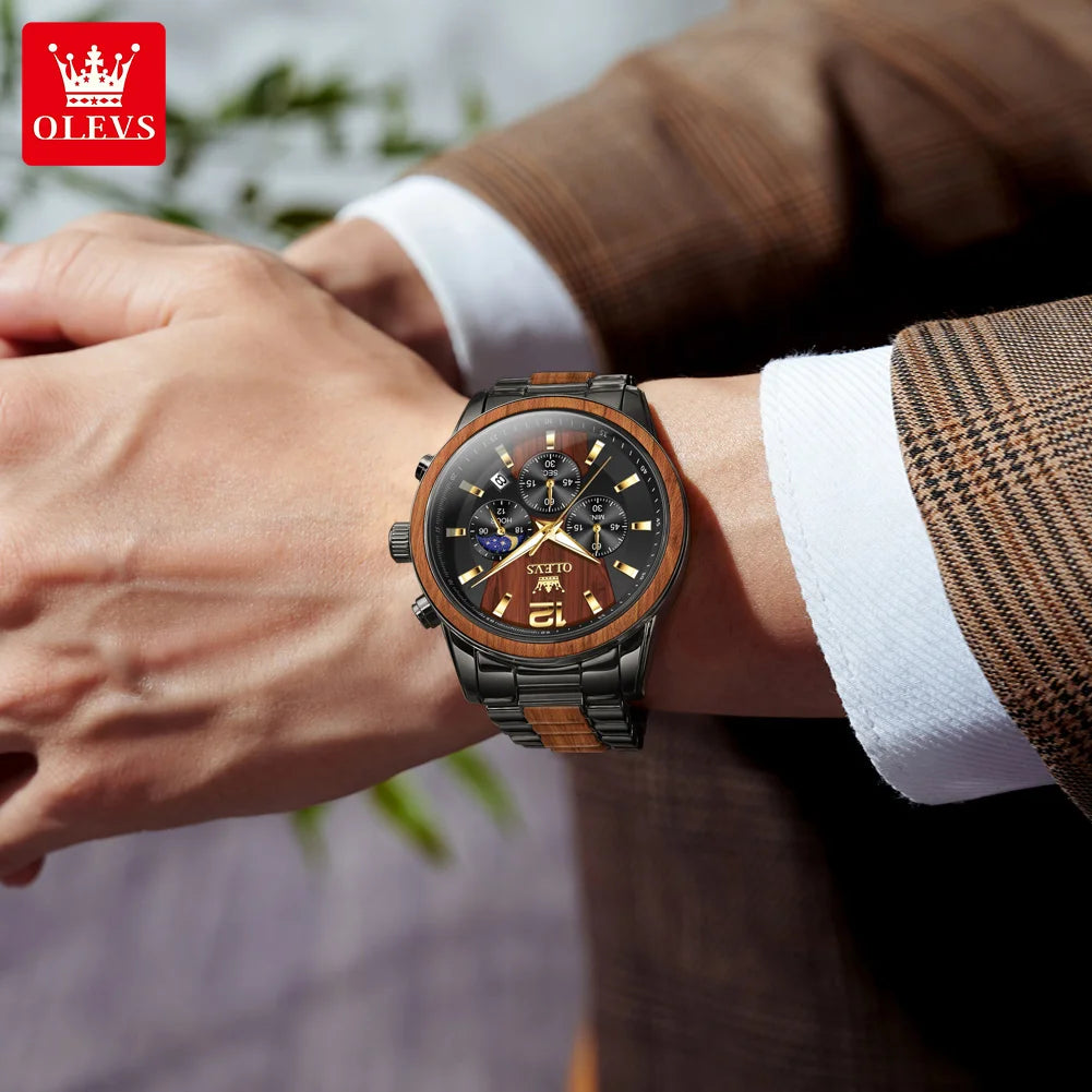 OLEVS 3645 Quarzuhr für Herren, modischer Chronograph, Stahl-Holz, 44 mm, großes Zifferblatt, Zeigeruhr, Mondphase, wasserdicht, leuchtende Herrenuhr
