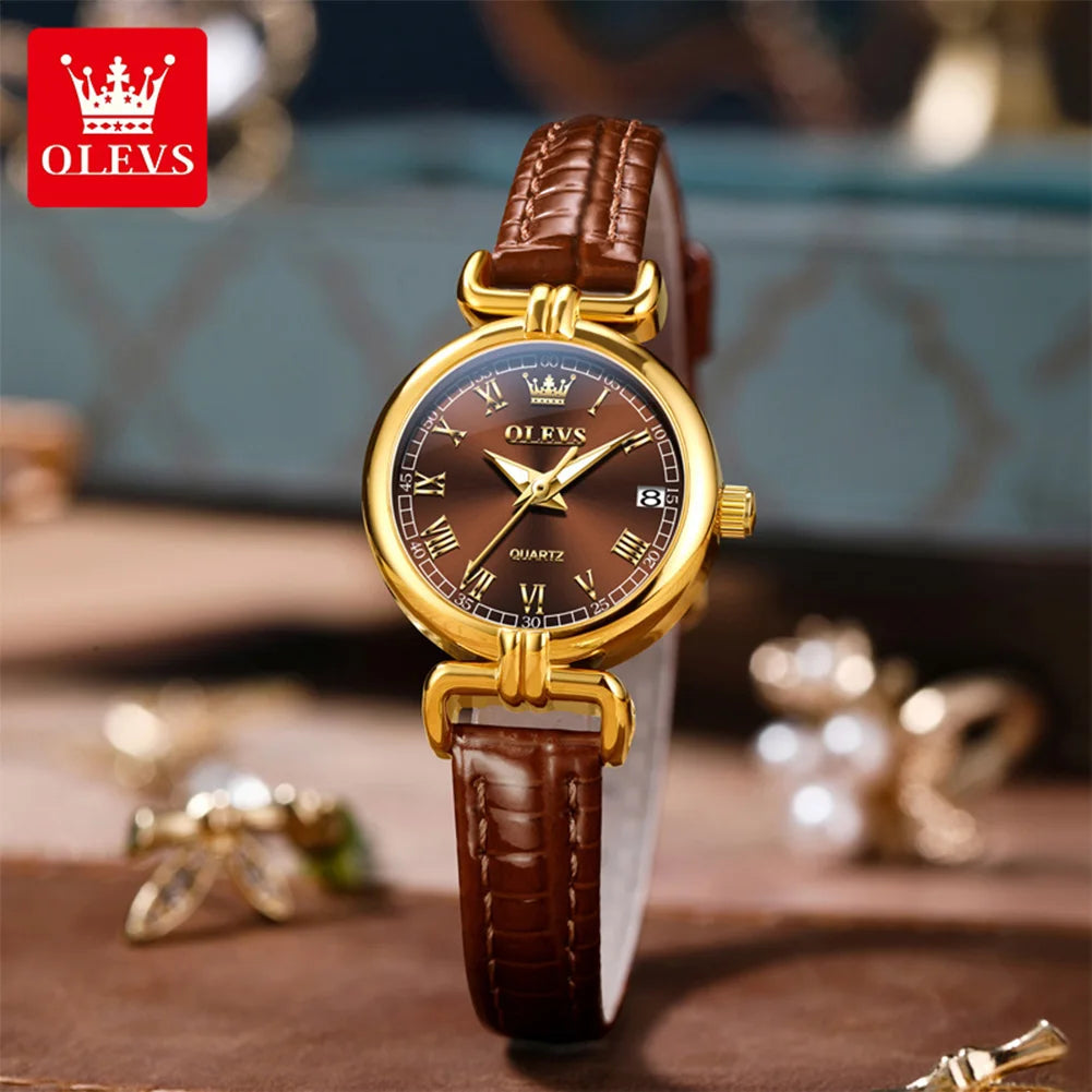 OLEVS 5645 Women's Watch Leather Strap Date Quartz Watch For Women High Hardness Mirror Roman Scale Fashion Ladies Hand Clock