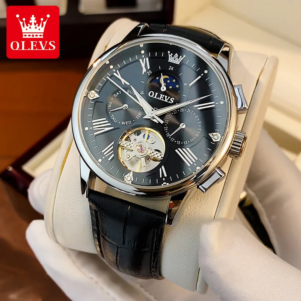 OLEVS Lüks Erkek Saatler Orijinal Moda İskelet Otomatik Mekanik Saatler Su Geçirmez Ay Fazlı Saatler Erkekler İçin 9912